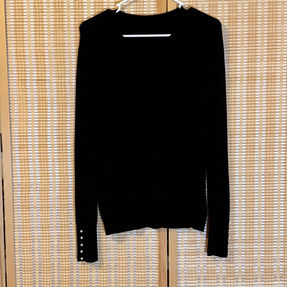 Black Crew Neck Long Sleeve Sweater with Pearl Button Cuffs M Whimsigoth Office
